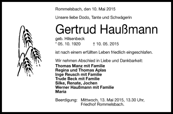 Anzeige von Gertrud Haußmann von Reutlinger Generalanzeiger