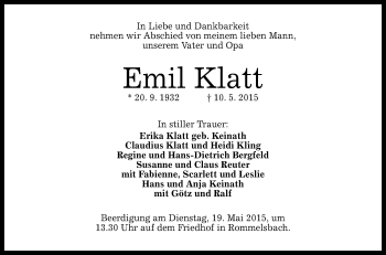 Anzeige von Emil Klatt von Reutlinger Generalanzeiger
