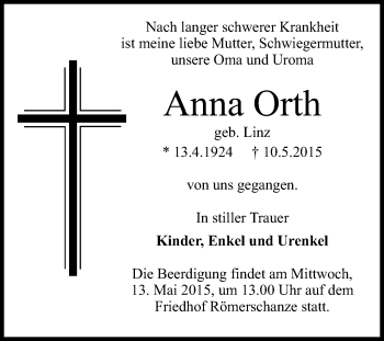 Anzeige von Anna Orth von Reutlinger Generalanzeiger