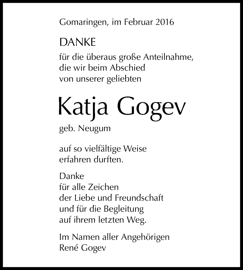  Traueranzeige für Katja Gogev vom 20.02.2016 aus Reutlinger Generalanzeiger