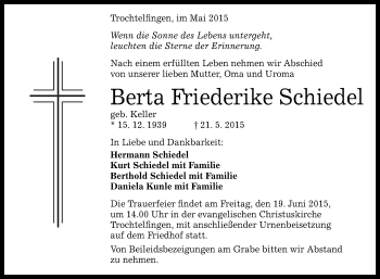 Anzeige von Berta Friederike Schiedel von Reutlinger Generalanzeiger