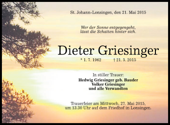 Anzeige von Dieter Griesinger von Reutlinger Generalanzeiger