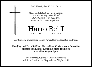 Anzeige von Harro Reiff von Reutlinger Generalanzeiger