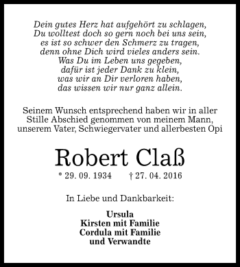 Anzeige von Robert Claß von Reutlinger Generalanzeiger