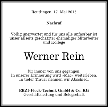 Anzeige von Werner Rein von Reutlinger Generalanzeiger