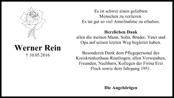 Anzeige von Werner Rein von Reutlinger Generalanzeiger