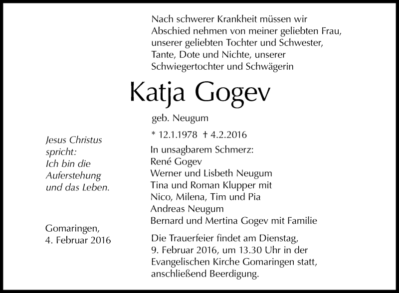  Traueranzeige für Katja Gogev vom 06.02.2016 aus Reutlinger Generalanzeiger