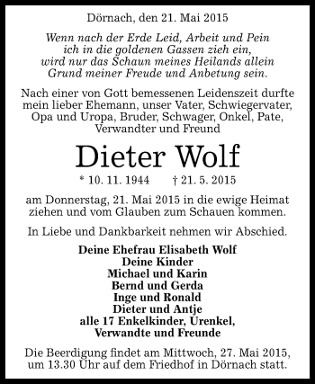 Anzeige von Dieter Wolf von Reutlinger Generalanzeiger
