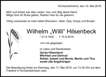 Anzeige von Wilhelm Hilsenbeck von Reutlinger Generalanzeiger