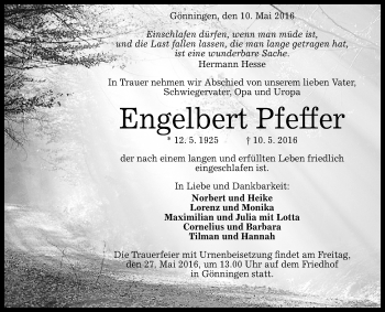 Anzeige von Engelbert Pfeffer von Reutlinger Generalanzeiger