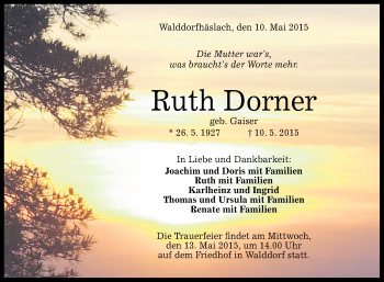 Anzeige von Ruth Dorner von Reutlinger Generalanzeiger