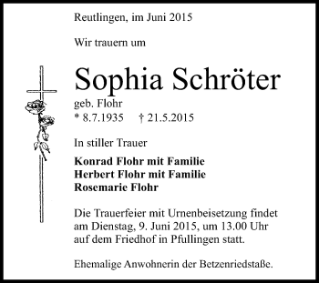 Anzeige von Sophia Schröter von Reutlinger Generalanzeiger