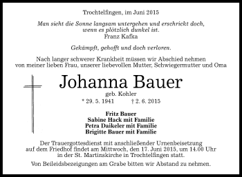Anzeige von Johanna Bauer von Reutlinger Generalanzeiger