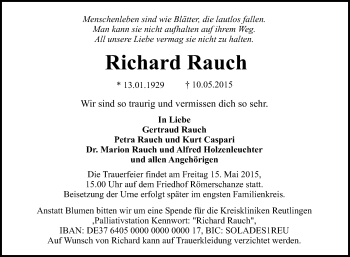 Anzeige von Richard Rauch von Reutlinger Generalanzeiger