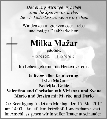Anzeige von Milka Mažar von Reutlinger General-Anzeiger