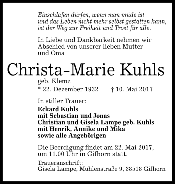Anzeige von Christa-Marie Kuhls von Reutlinger General-Anzeiger