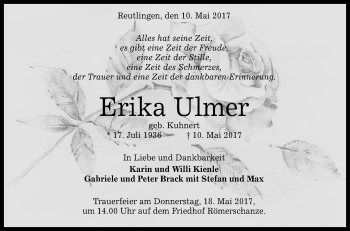 Anzeige von Erika Ulmer von Reutlinger General-Anzeiger