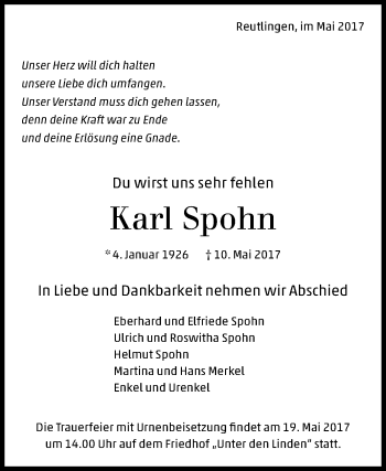 Anzeige von Karl Spohn von Reutlinger General-Anzeiger