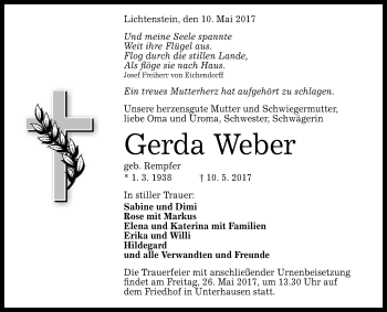 Anzeige von Gerda Weber von Reutlinger General-Anzeiger