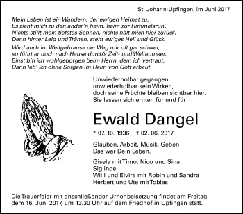 Anzeige von Ewald Dangel von Reutlinger General-Anzeiger