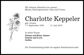 Anzeige von Charlotte Keppeler von Reutlinger General-Anzeiger