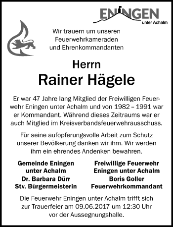 Anzeige von Rainer Hägele von Reutlinger General-Anzeiger