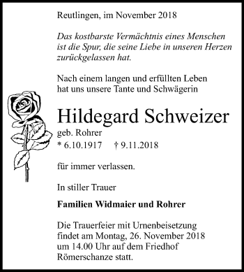 Traueranzeigen Von Hildegard Schweizer Trauer Gea De