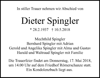 Anzeige von Dieter Spingler von Reutlinger General-Anzeiger