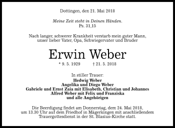 Anzeige von Erwin Weber von Reutlinger General-Anzeiger