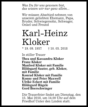 Anzeige von Karl-Heinz Kloker von Reutlinger General-Anzeiger