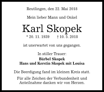Anzeige von Karl Skopek von Reutlinger General-Anzeiger