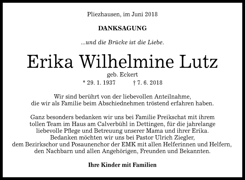 Traueranzeigen Von Erika Wilhelmine Lutz Trauer Gea De