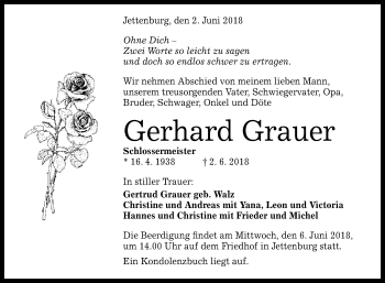 Anzeige von Gerhard Grauer von Reutlinger General-Anzeiger