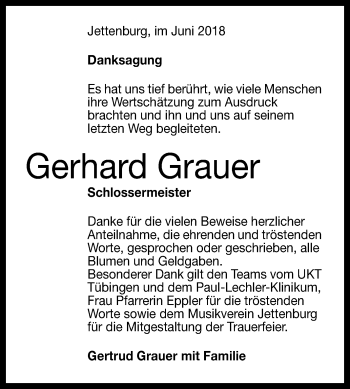 Anzeige von Gerhard Grauer von Reutlinger General-Anzeiger