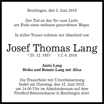 Anzeige von Josef Thomas Lang von Reutlinger General-Anzeiger