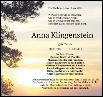 Anzeige von Anna Klingenstein von Reutlinger General-Anzeiger