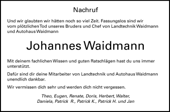 Anzeige von Johannes Waidmann von Reutlinger General-Anzeiger