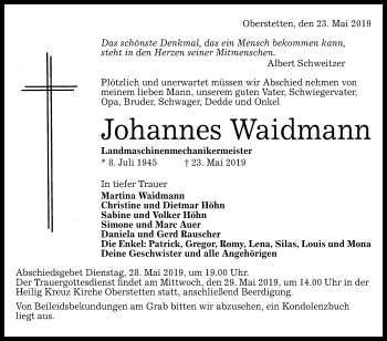 Anzeige von Johannes Waidmann von Reutlinger General-Anzeiger