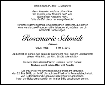 Anzeige von Rosemarie Schmidt von Reutlinger General-Anzeiger