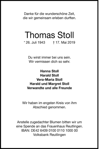 Traueranzeigen Von THomas Stoll Trauer Gea De