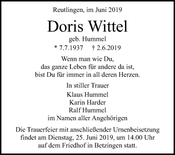 Anzeige von Doris Wittel von Reutlinger General-Anzeiger