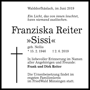 Anzeige von Franziska Reiter von Reutlinger General-Anzeiger