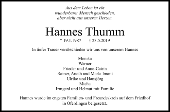 Anzeige von Hannes Thumm von Reutlinger General-Anzeiger