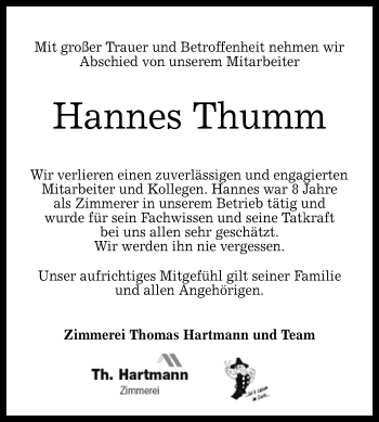 Anzeige von Hannes Thumm von Reutlinger General-Anzeiger