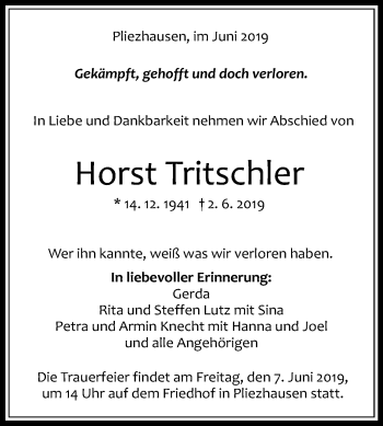 Anzeige von Horst Tritschler von Reutlinger General-Anzeiger