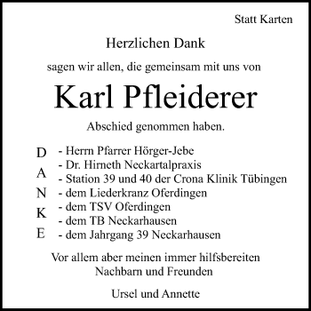Anzeige von Karl Pfleiderer von Reutlinger General-Anzeiger