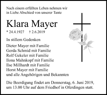 Anzeige von Klara Mayer von Reutlinger General-Anzeiger