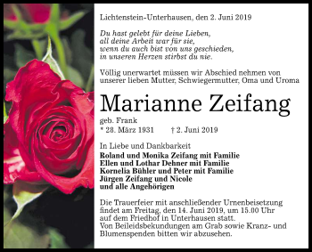 Anzeige von Marianne Zeifang von Reutlinger General-Anzeiger