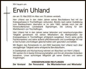 Anzeige von Erwin Uhland von Reutlinger General-Anzeiger