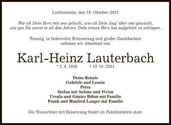 Traueranzeigen Von Karl Heinz Lauterbach Trauer Gea De